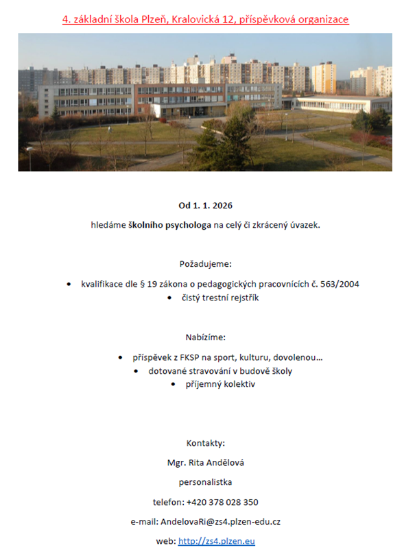 Nabídka pracovního uplatnění - školní psycholog Nabídka pracovního uplatnění - školní psycholog
